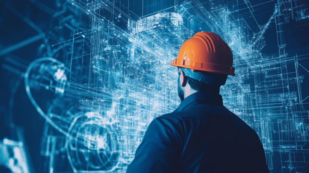 Engineer wearing a hard hat analyzing a futuristic digital blueprint of a complex structure