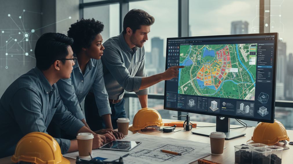 Engineers reviewing GIS urban planning data on a large monitor during a civil engineering project meeting