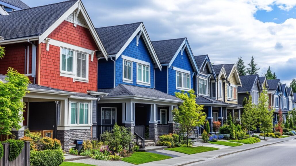 Row of colorful residential houses in a well-planned neighborhood illustrating zoning classifications