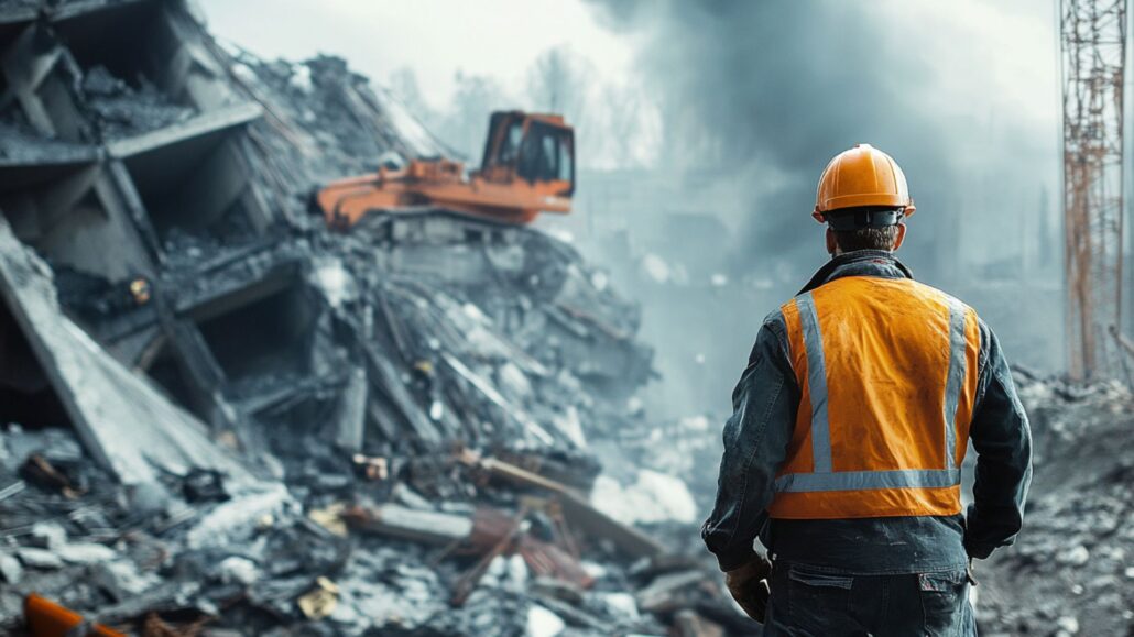 Engineer surveying the aftermath of a collapsed building with smoke rising and heavy machinery clearing