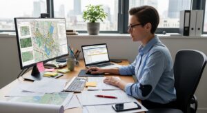 Environmental planning professional reviewing GIS maps and city zoning data