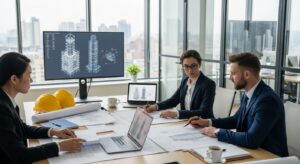 Designers creating isometric architectural drawing on computer software