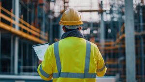 Site inspector reviewing digital construction checklist on tablet