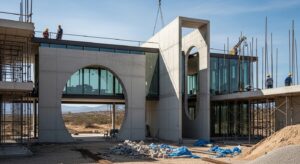 Construction site showing large architectural arches in modern building design