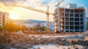 Construction site with residential building and crane during development
