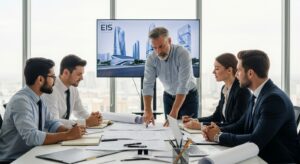 Urban development team discussing EIS report and building designs