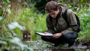 Environmental researcher analyzing stream data during fieldwork survey