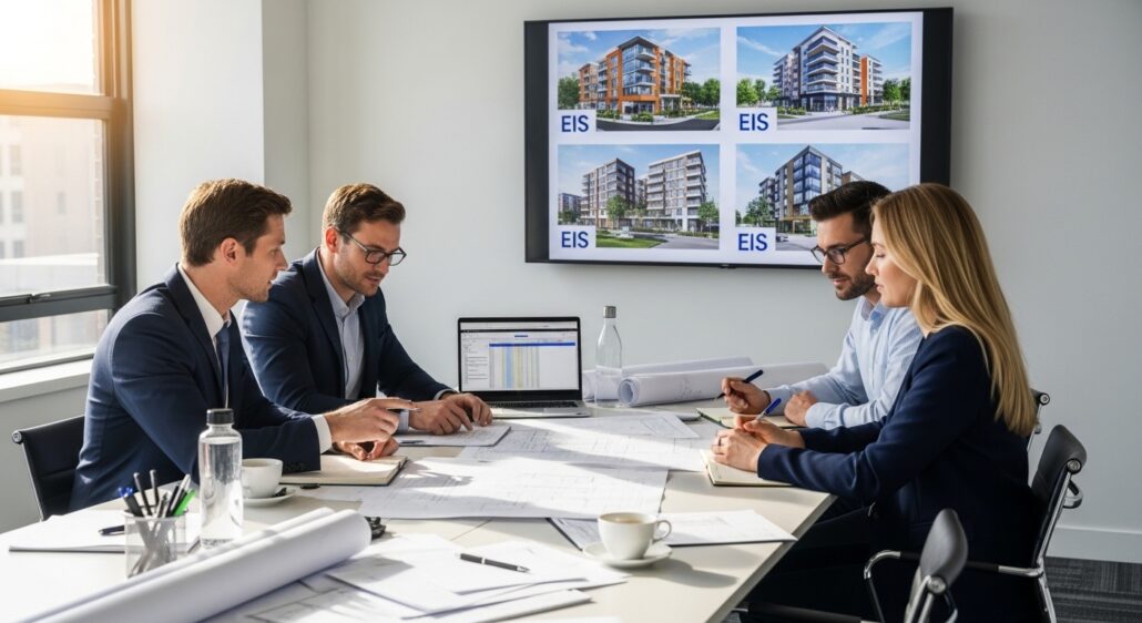 Project team reviewing environmental impact statement plans in meeting