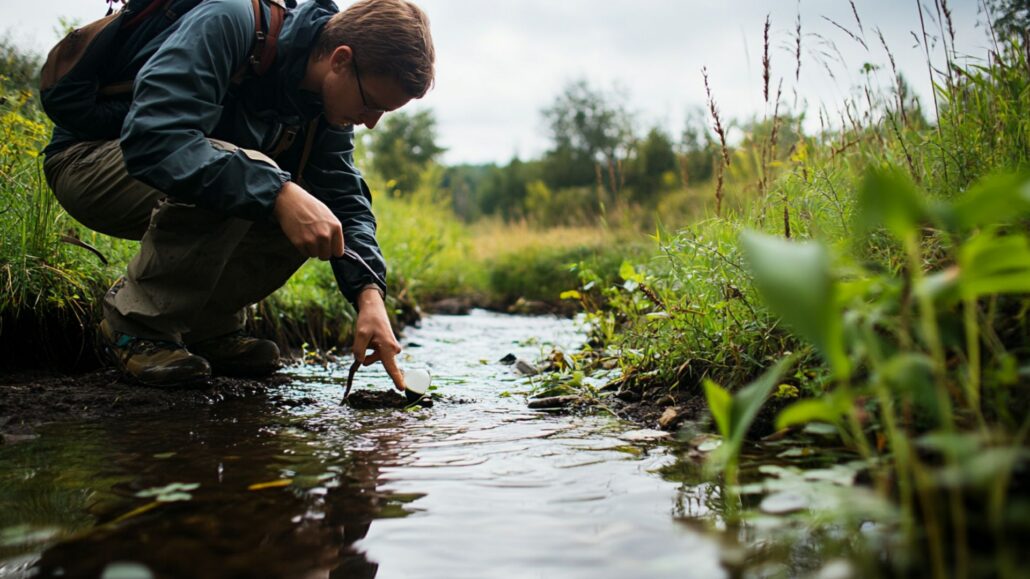 Environmental science student conducting water quality testing in stream