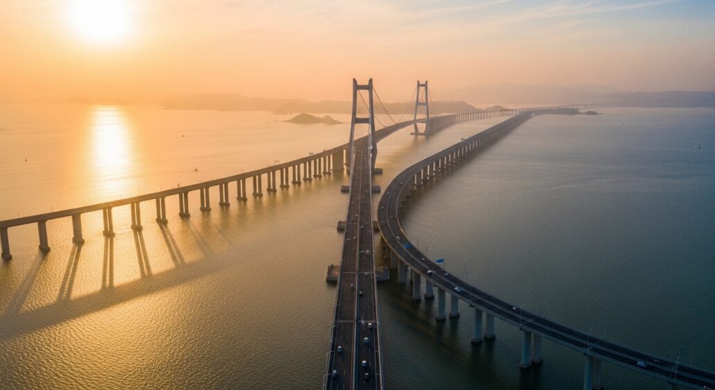 Suspension bridge spanning wide river at sunset showing towers and cables
