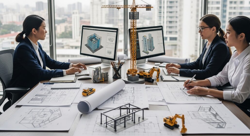 Architecture team reviewing isometric building drawings and 3D models