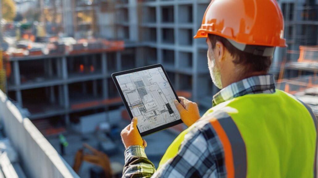 Construction manager using inspection software app on tablet at job site