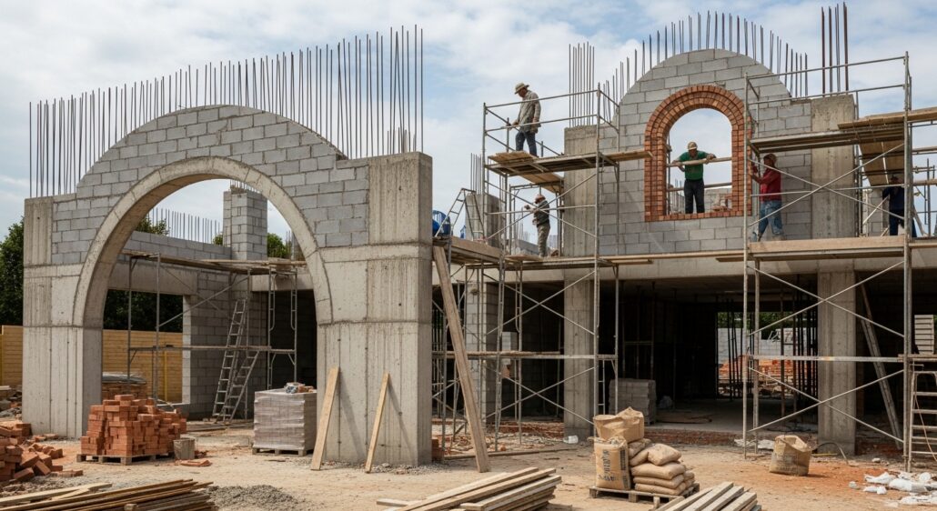 Masonry workers building structural arch with scaffolding and brickwork