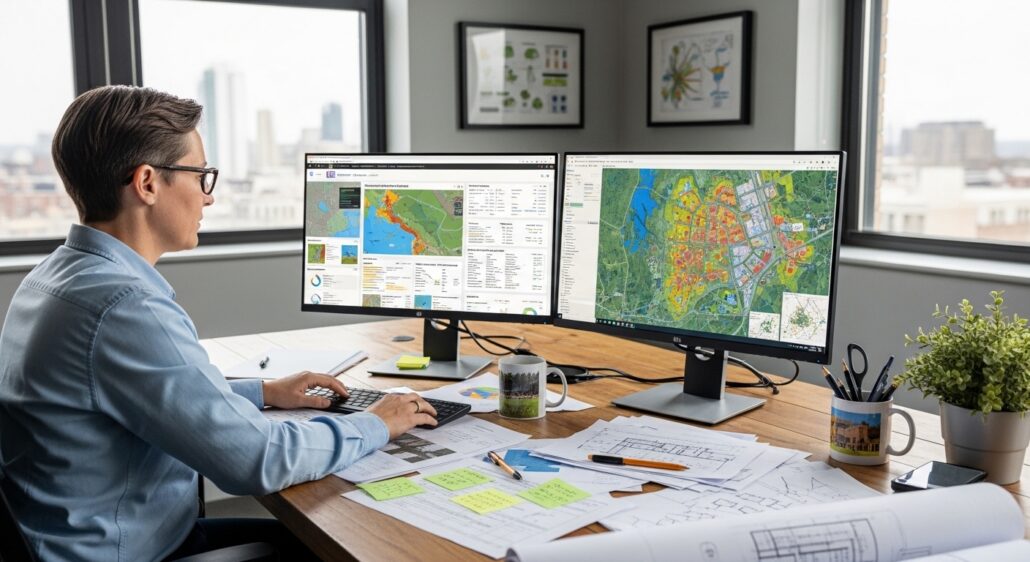 Urban planner analyzing land use and environmental impact maps on dual monitors