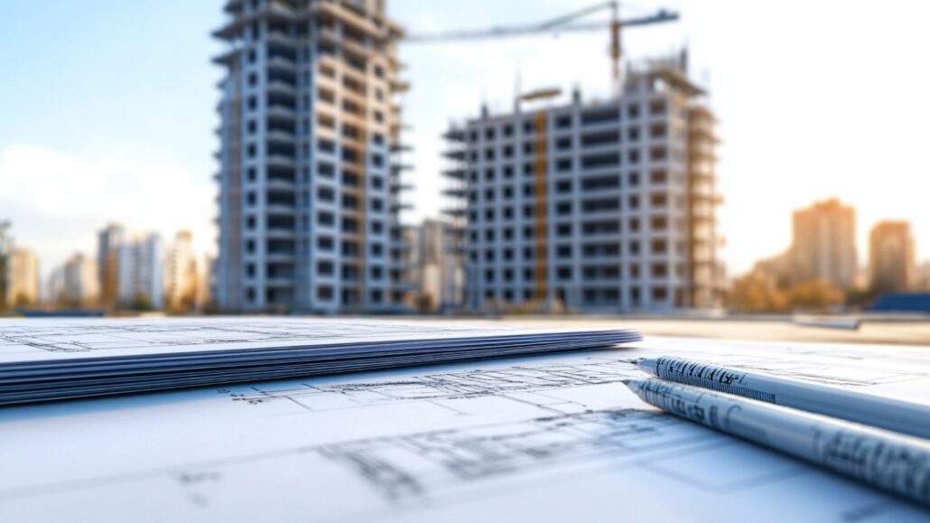 Architectural blueprints in foreground with high-rise construction project