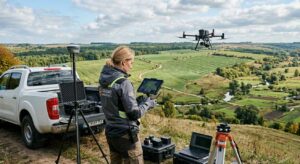 Drone mapping operator controlling UAV with tablet and GPS equipment over rural agricultural landscape