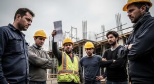 Construction workers in hard hats listening to a site supervisor holding a document at a building site
