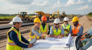 Road engineering team studying freeway blueprints spread on a vehicle hood at a highway construction site