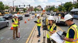 Transportation engineers in safety vests surveying a busy city road intersection with surveying equipment