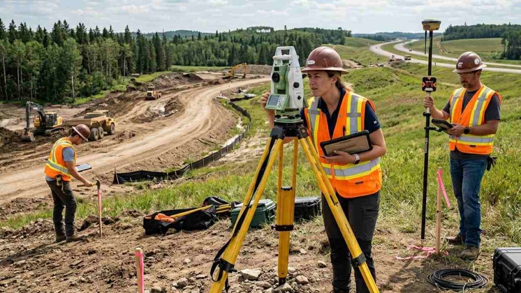 Land surveyors using total station and GPS equipment at active road construction site