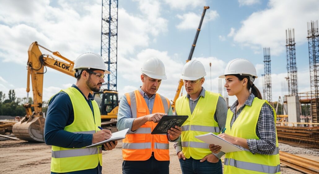 Construction manager showing project schedule on a tablet to a team of workers at a job site