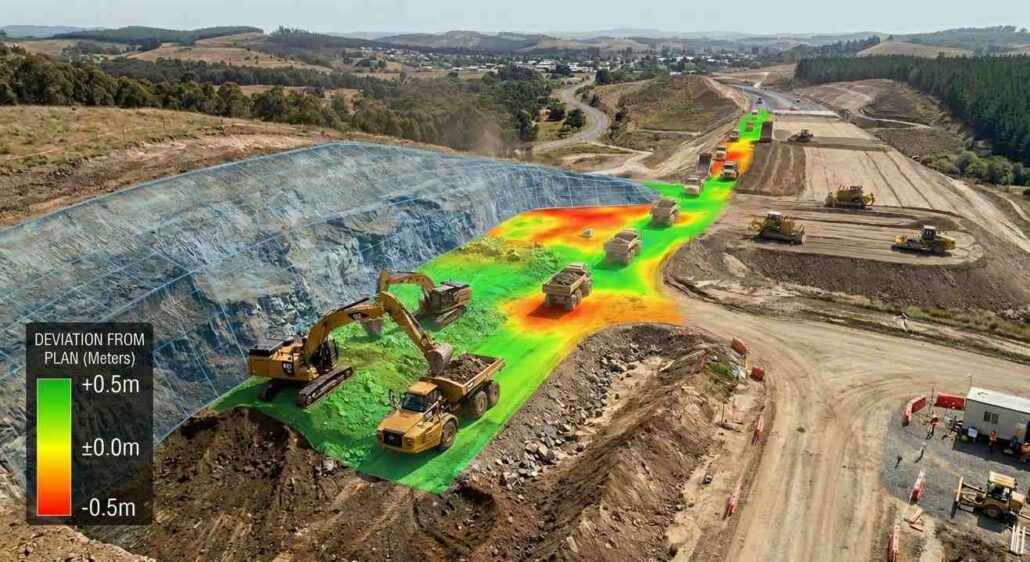 Aerial cut and fill heatmap overlay on road construction site showing deviation from plan in meters