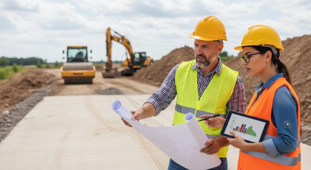Two road engineers reviewing blueprints and data on a tablet at an active road construction site