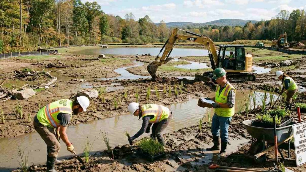 Wetland mitigation crew planting native vegetation at active habitat restoration site with excavator