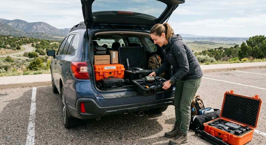 Drone mapping specialist unpacking RTK base station and survey equipment from SUV trunk in the field