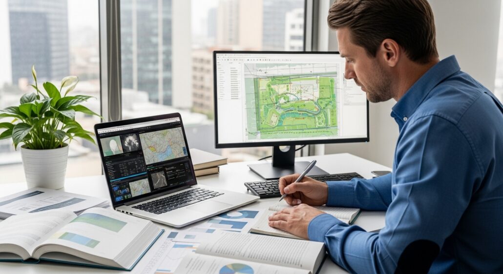 Environmental consultant analyzing GIS maps and data on dual screens at a desk