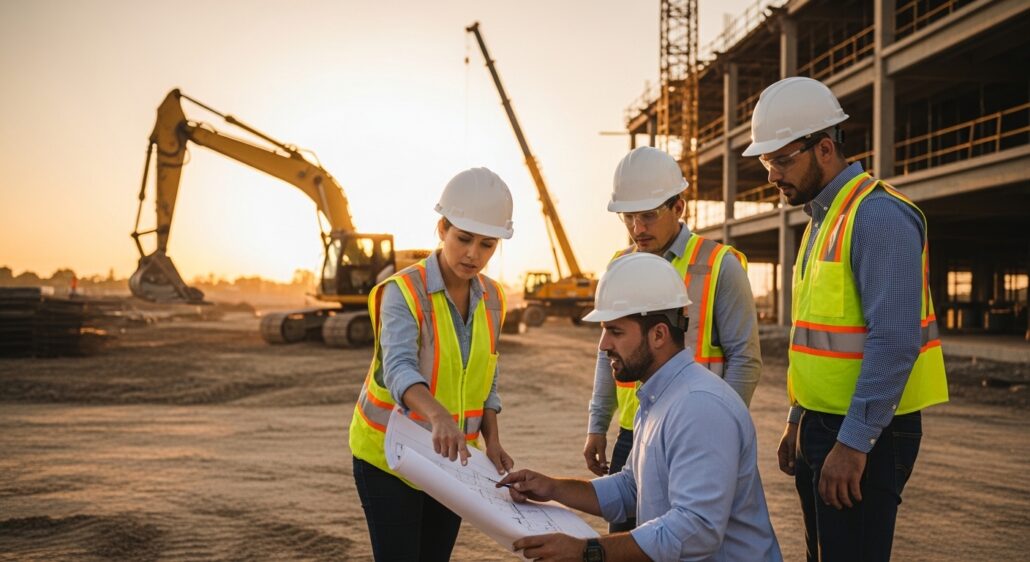 Civil engineers in hard hats reviewing site design blueprints at a commercial construction site at sunset