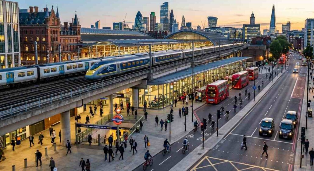 Busy urban transport hub with trains, red double-decker buses, cyclists, and pedestrians at dusk