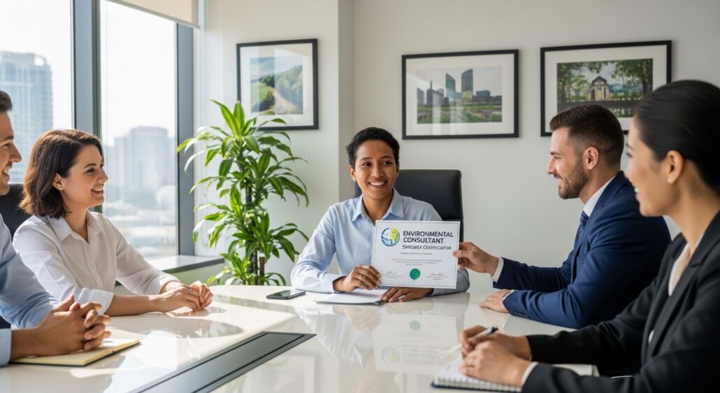 Environmental consultant receiving a specialty certification at a professional meeting