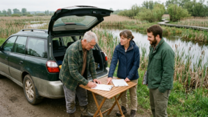 Landowner discussing wetland construction permits with environmental consultants at marsh property