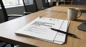 ESG compliance and reporting quarterly update document on conference room table