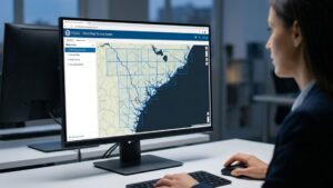 Woman viewing FEMA Flood Map Service Center on computer screen