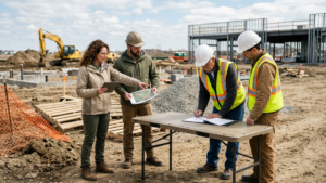 Phase 1 Environmental Site Assessment team reviewing property documents at commercial construction project