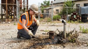 Inspector collecting soil samples near contaminated pipe at industrial site