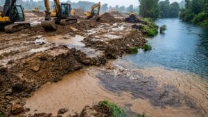 Muddy stormwater runoff flowing into a river from a construction site