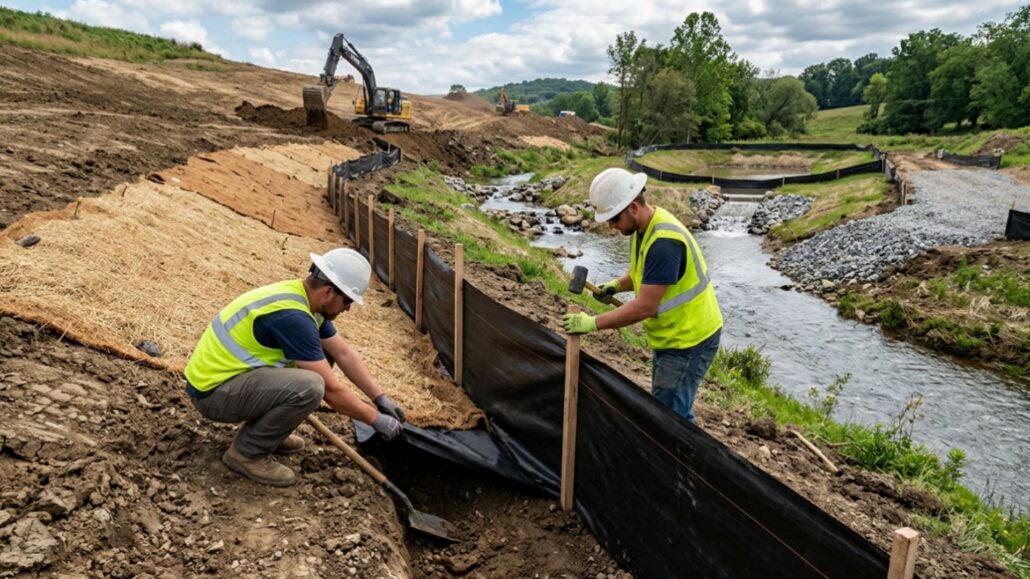 Workers installing silt fence and erosion control blanket along a stream bank