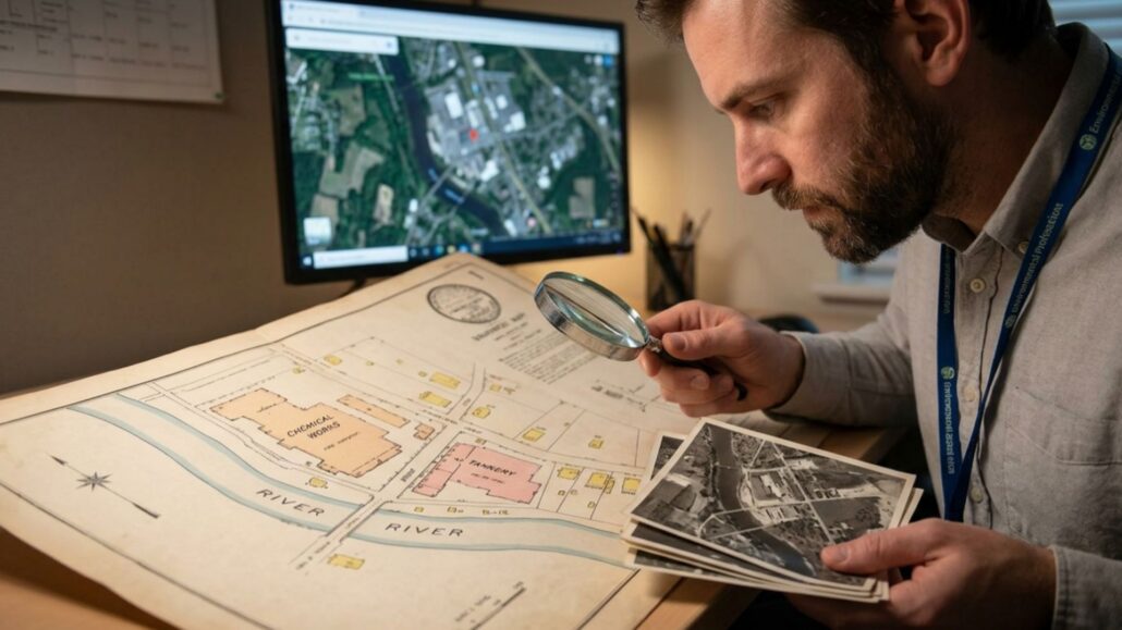Environmental professional examining historical site map with magnifying glass