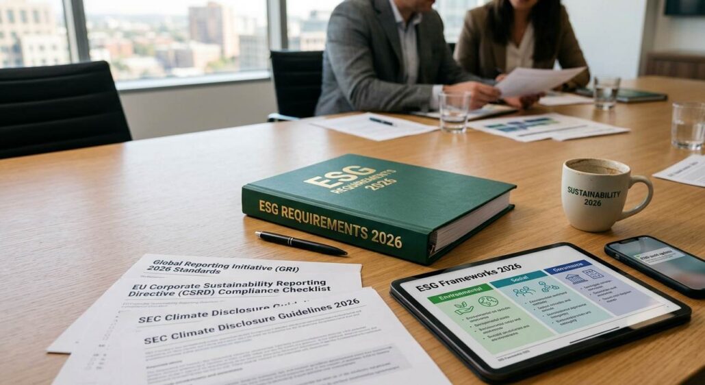 ESG Requirements 2026 binder with CSRD compliance checklist and ESG frameworks on tablet at business meeting
