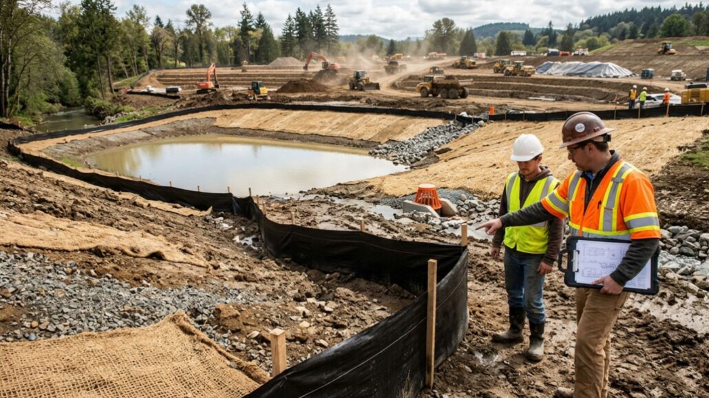 Inspector and worker reviewing SWPPP plans at a construction site sediment basin