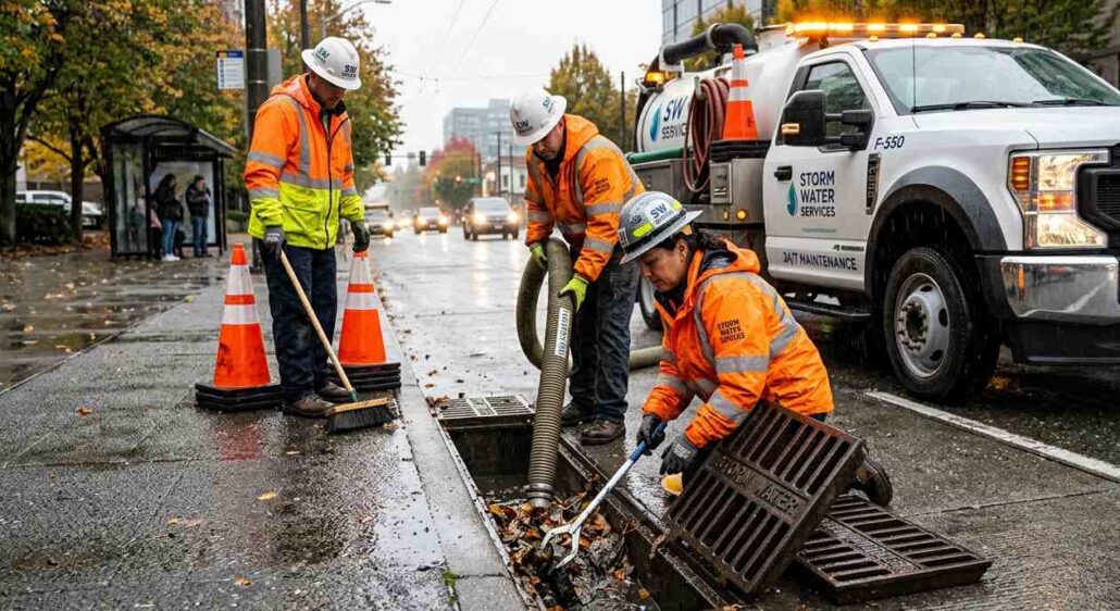 Storm water services crew cleaning urban street drain during rain
