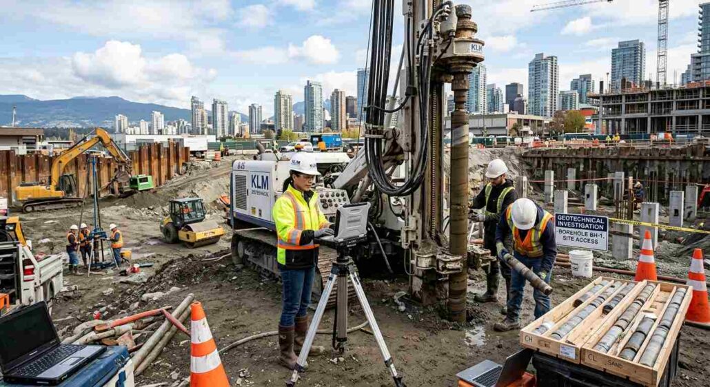 Geotechnical engineers conducting borehole investigation with drill rig at urban construction site