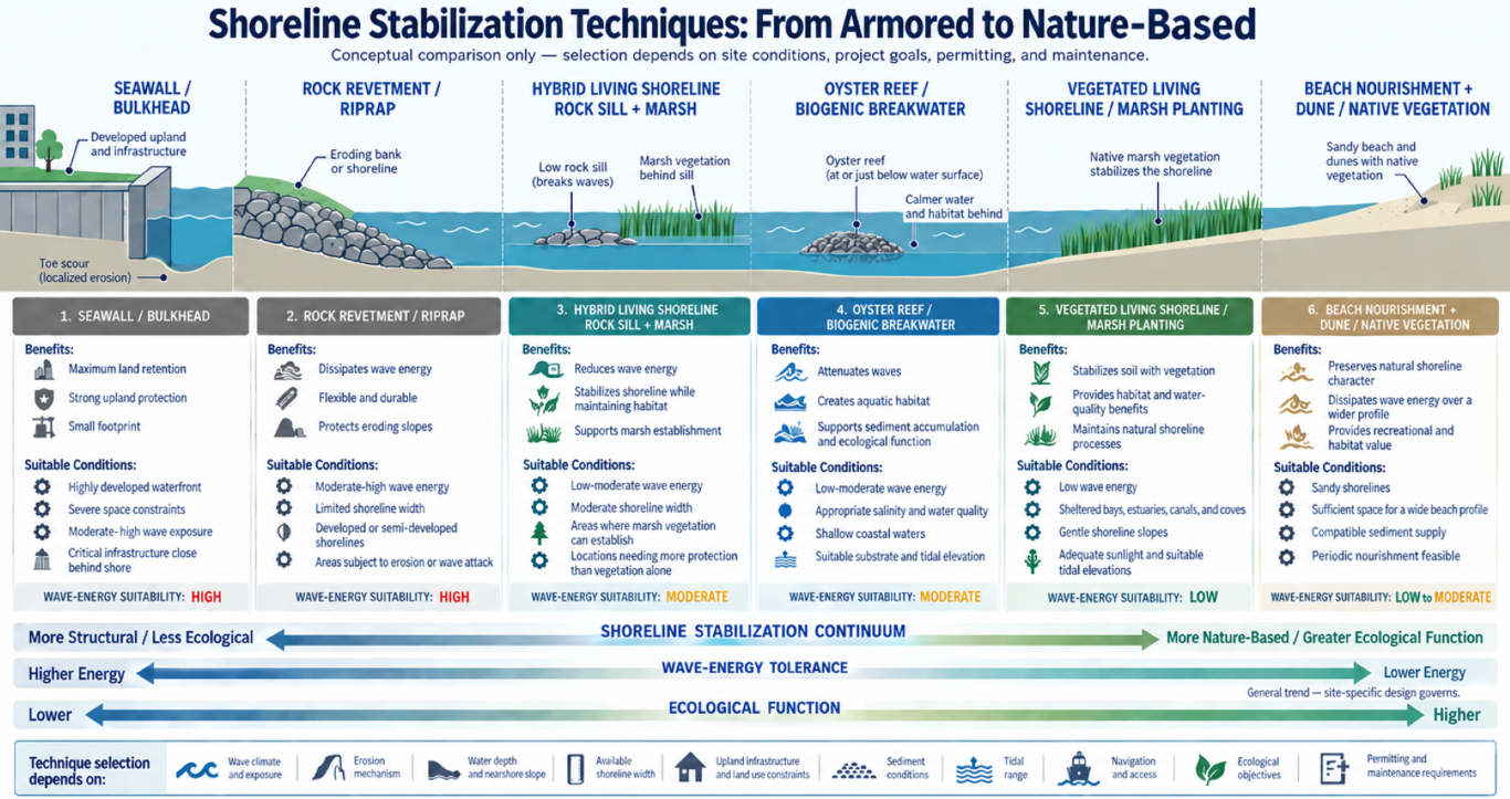 Shoreline stabilization continuum from seawall and riprap to hybrid living shoreline, oyster reef, marsh planting, and beach nourishment with dunes.