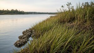 Gulf living shoreline with marsh grass and oyster reef sill.