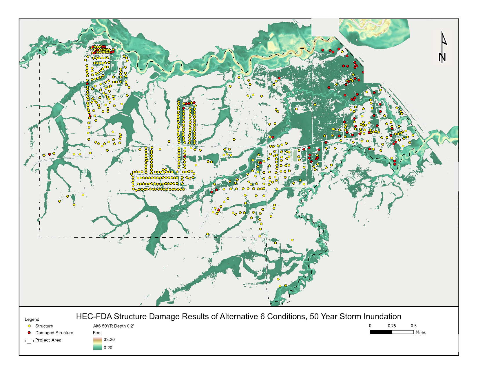 Flood inundation map shaded green to tan by depth (0.20 to 33.20 feet), with yellow dots for modeled structures, red dots for damaged structures, a dashed project-area boundary, scale bar and north arrow. Place names, road labels and coordinates are removed.