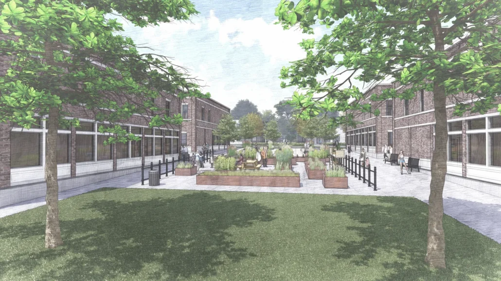 Rendering of a community courtyard with raised garden planters, benches and shade trees between brick buildings