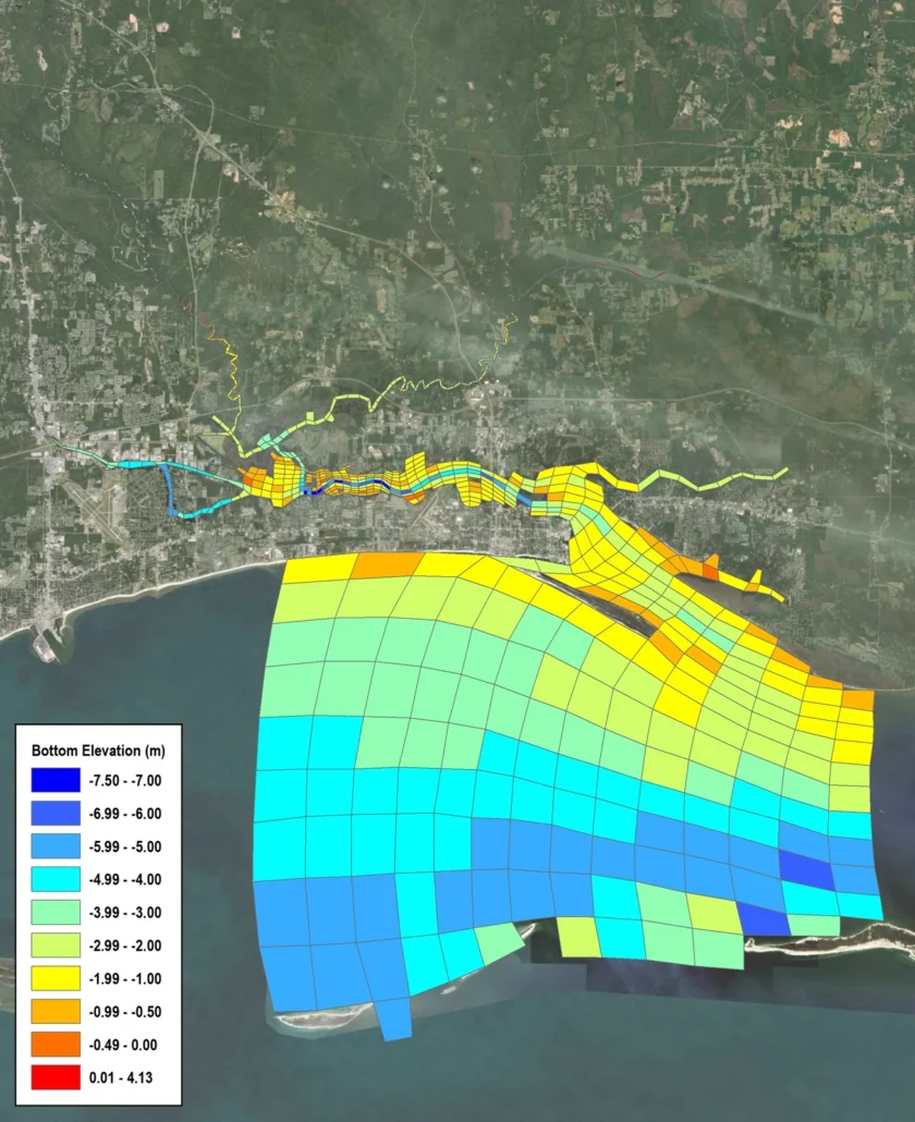Water quality model grid for Biloxi Bay, Mississippi, built for MDEQ, with each cell colored by average bottom elevation from the upper tributaries to the barrier islands